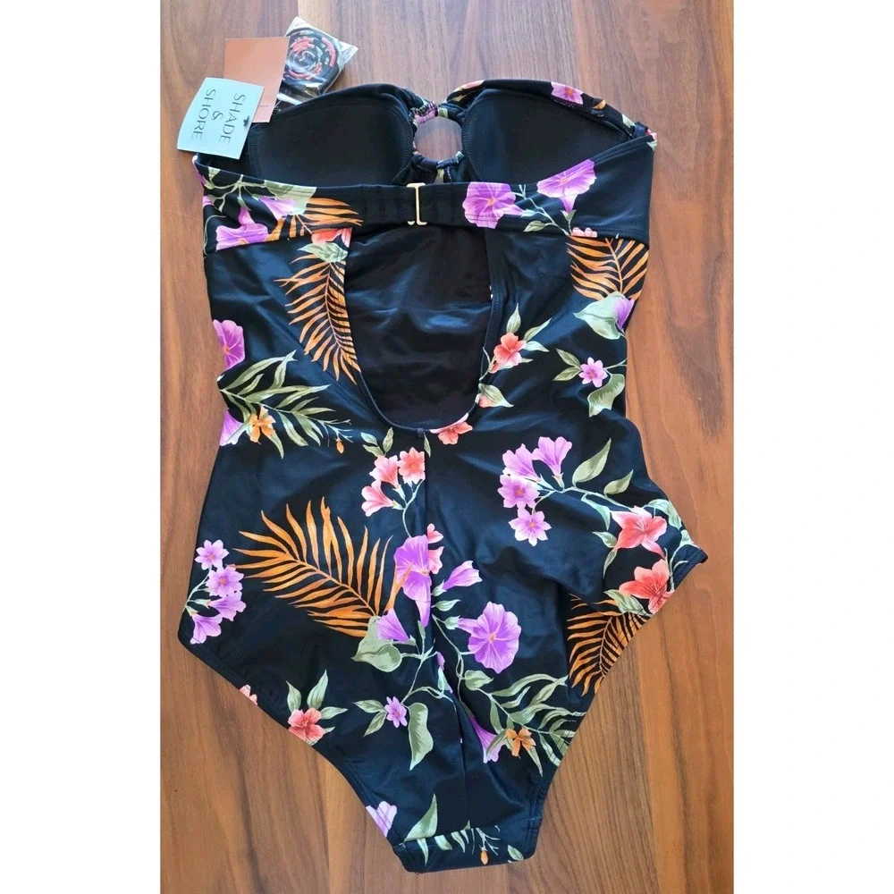 Shade & Shore Size M Swimsuit Center Ring Tummy Control Floral Black (248)